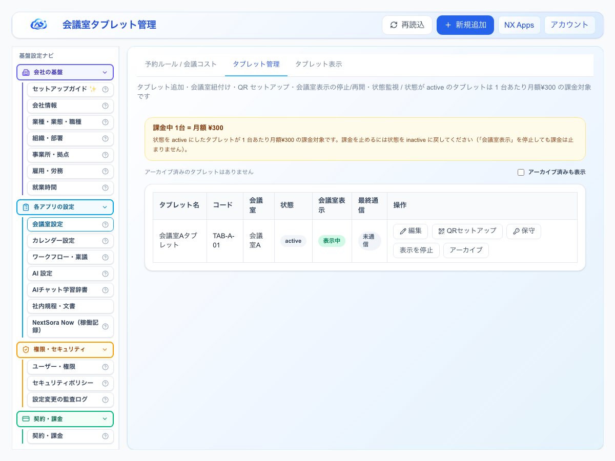 会議室タブレットの管理画面。表にタブレット名・コード・会議室・状態・会議室表示・最終通信・操作の列が並ぶ